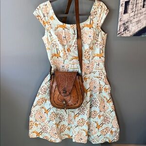 Retrolicious Mint and Tan Fit-and-Flare Dress with Deer Print